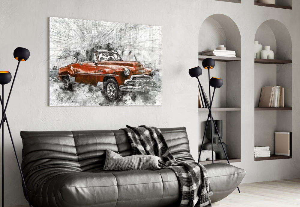 Red Vintage Muscle Car Glass Wall Art