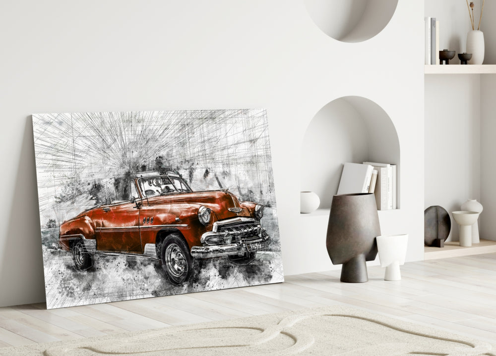Close-up detail of crimson coachwork and chrome grille in sketch-and-spatter