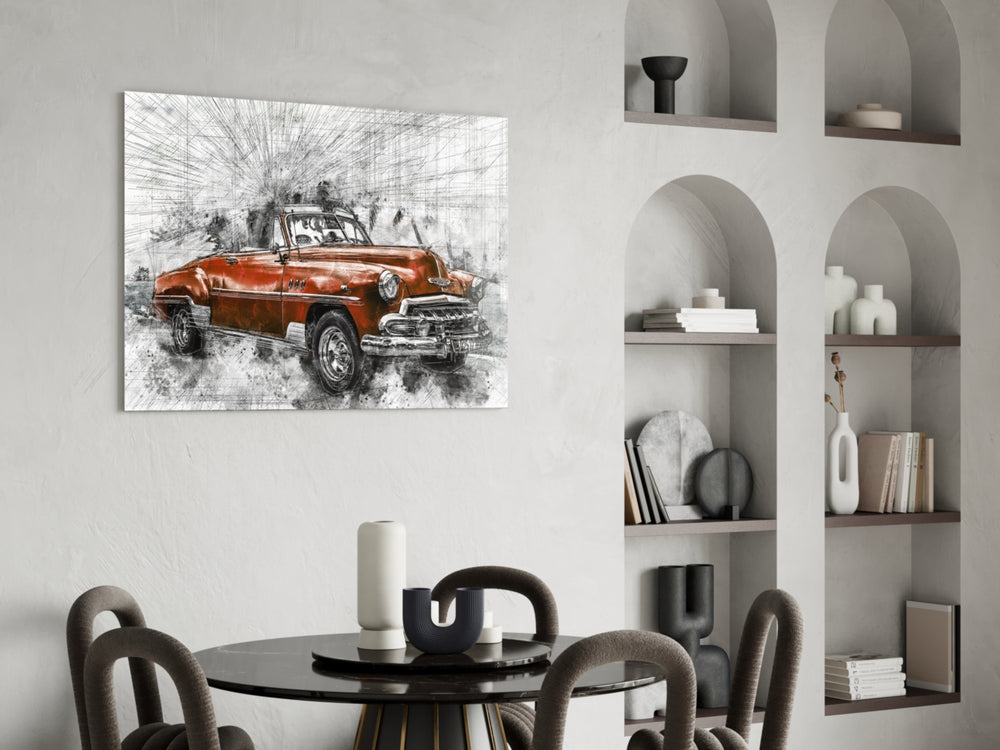 Red Vintage Muscle Car Glass Wall Art