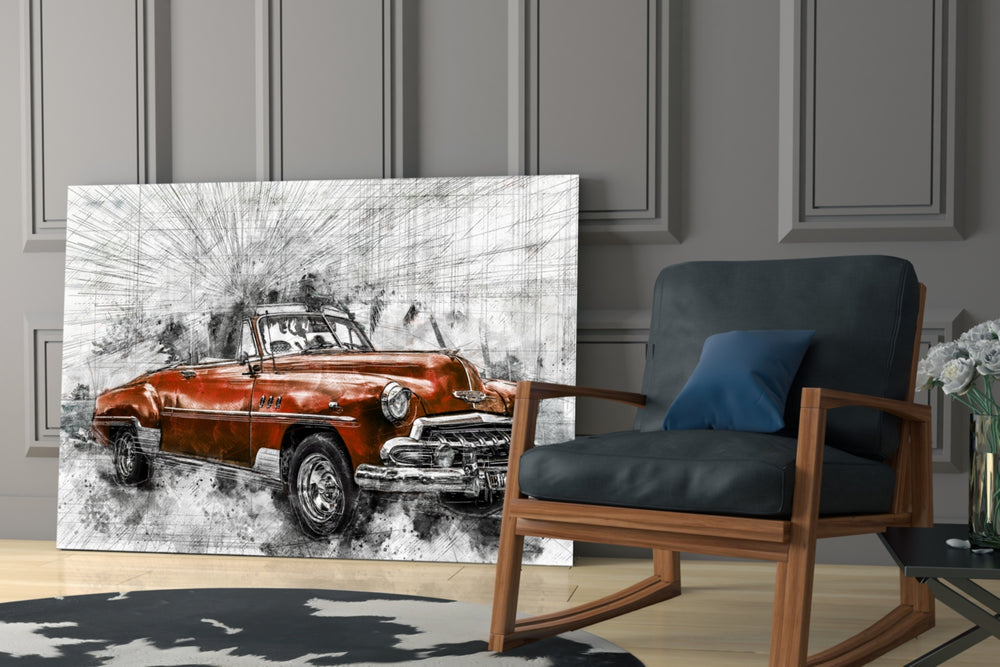 Red Vintage Muscle Car Glass Wall Art
