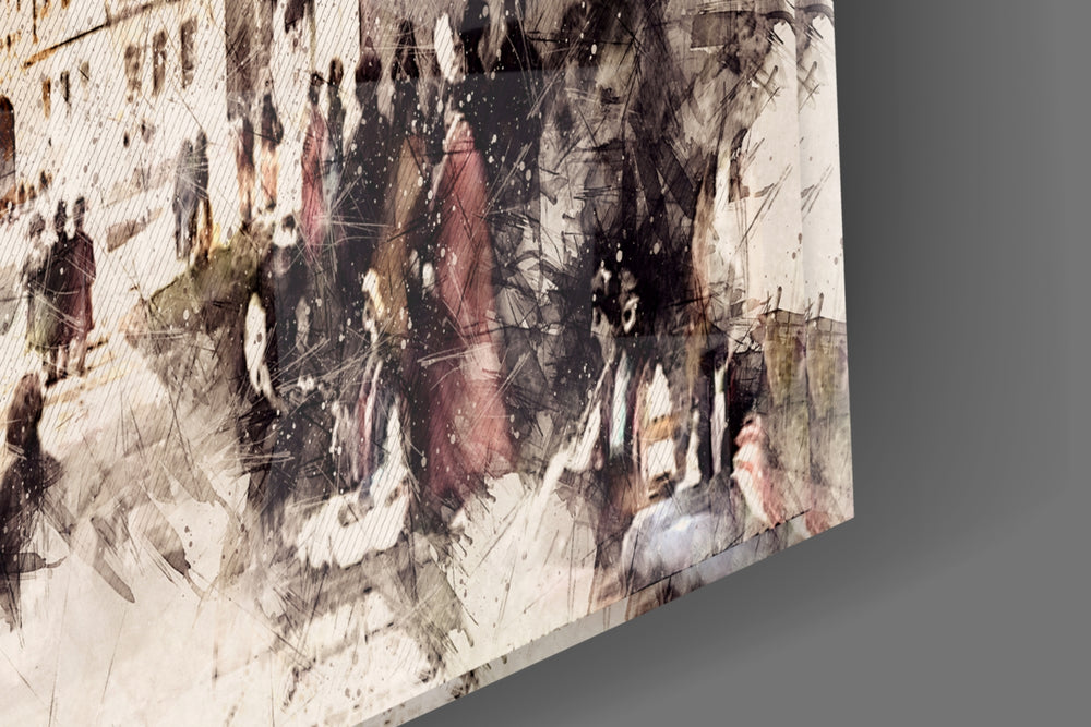 Tower Illustration artwork anchoring a wall with soft cultural palette