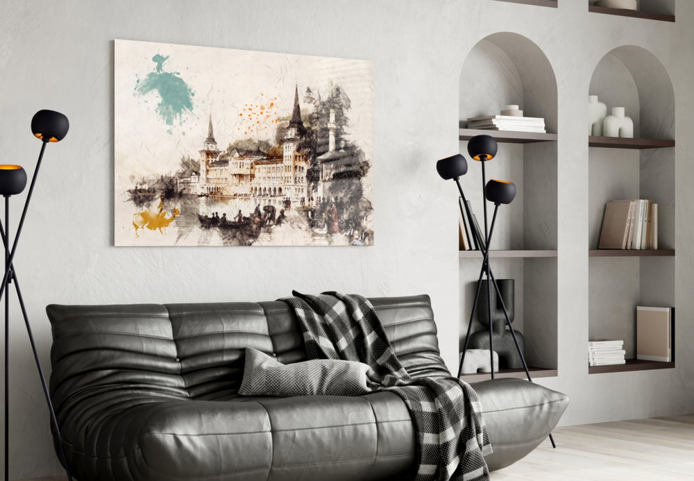 Tower Illustration glass wall art styled above a desk in a traveler's-nostalgia study