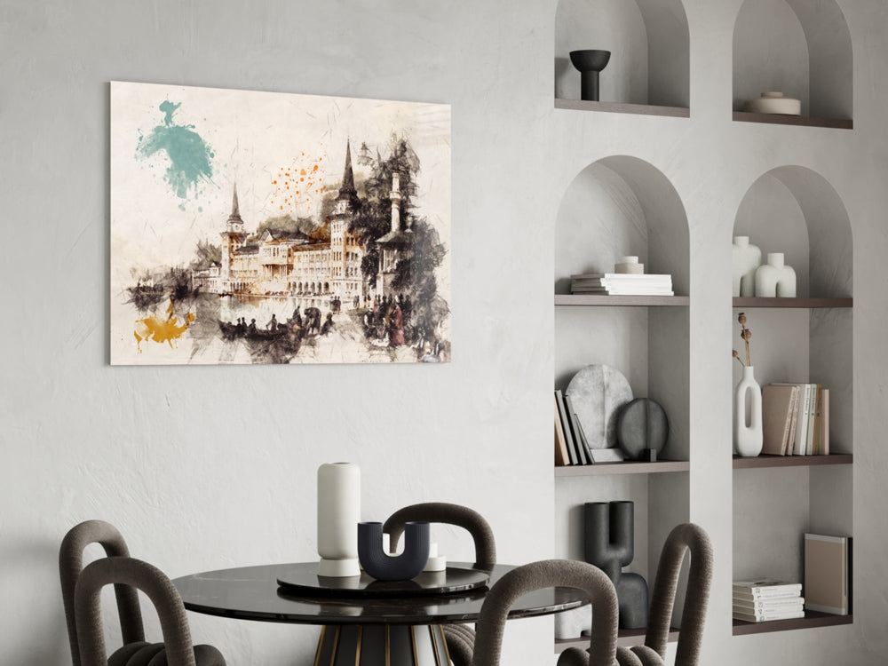 Tower Illustration panel adding heritage mood to a Turkish-themed living room
