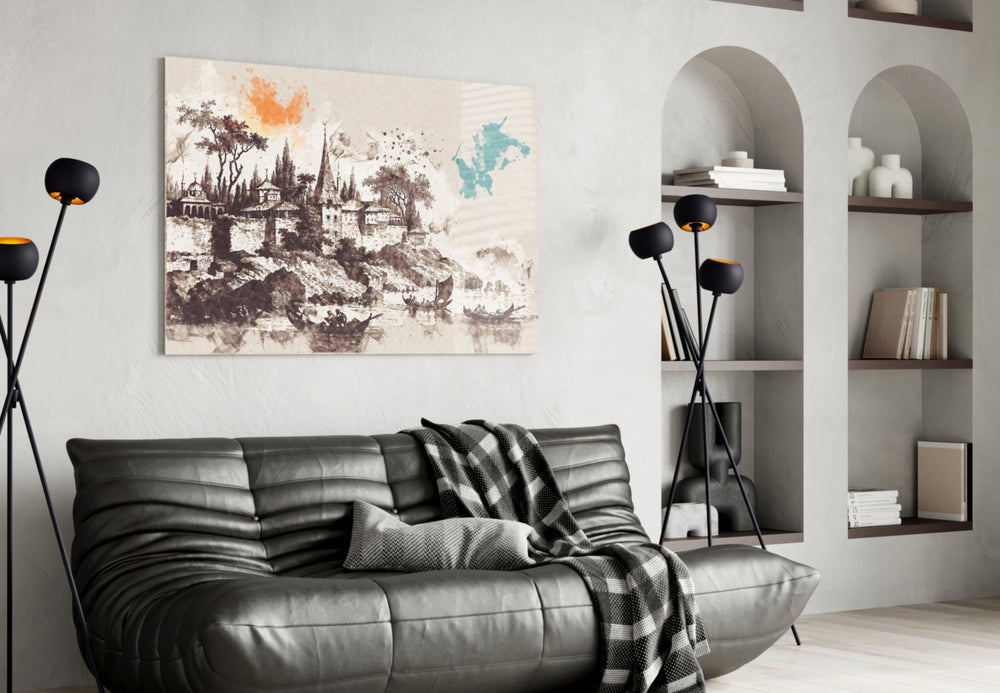 Poplar Palace Illustration glass wall art styled above a desk in a traveler's-nostalgia study