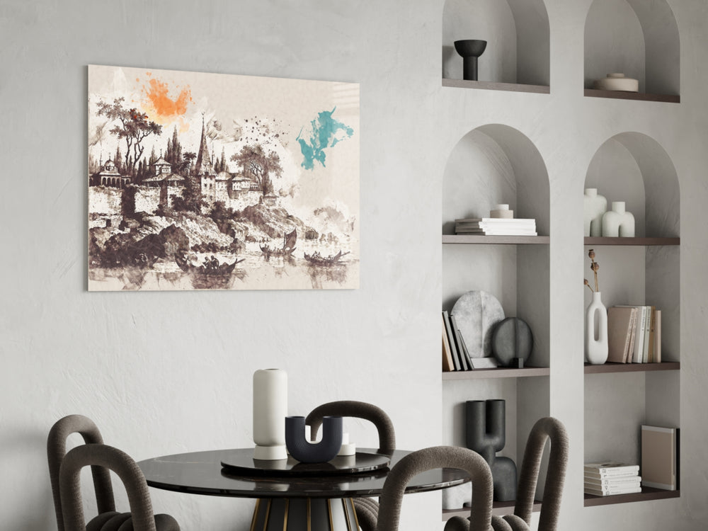 Poplar Palace Illustration panel adding heritage mood to a Turkish-themed living room