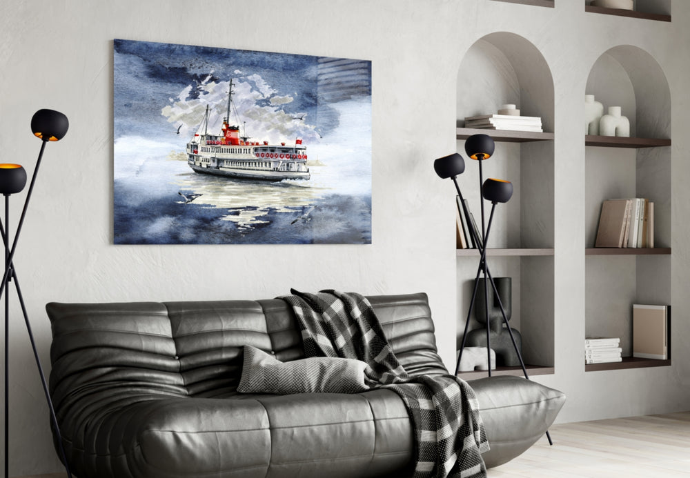 Steamer glass wall art styled above a desk in an Istanbul-mood study