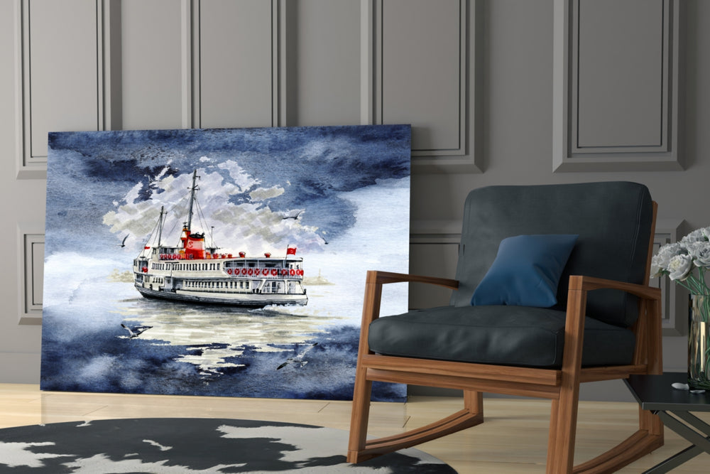 Steamer glass print enhancing a coastal-mood foyer