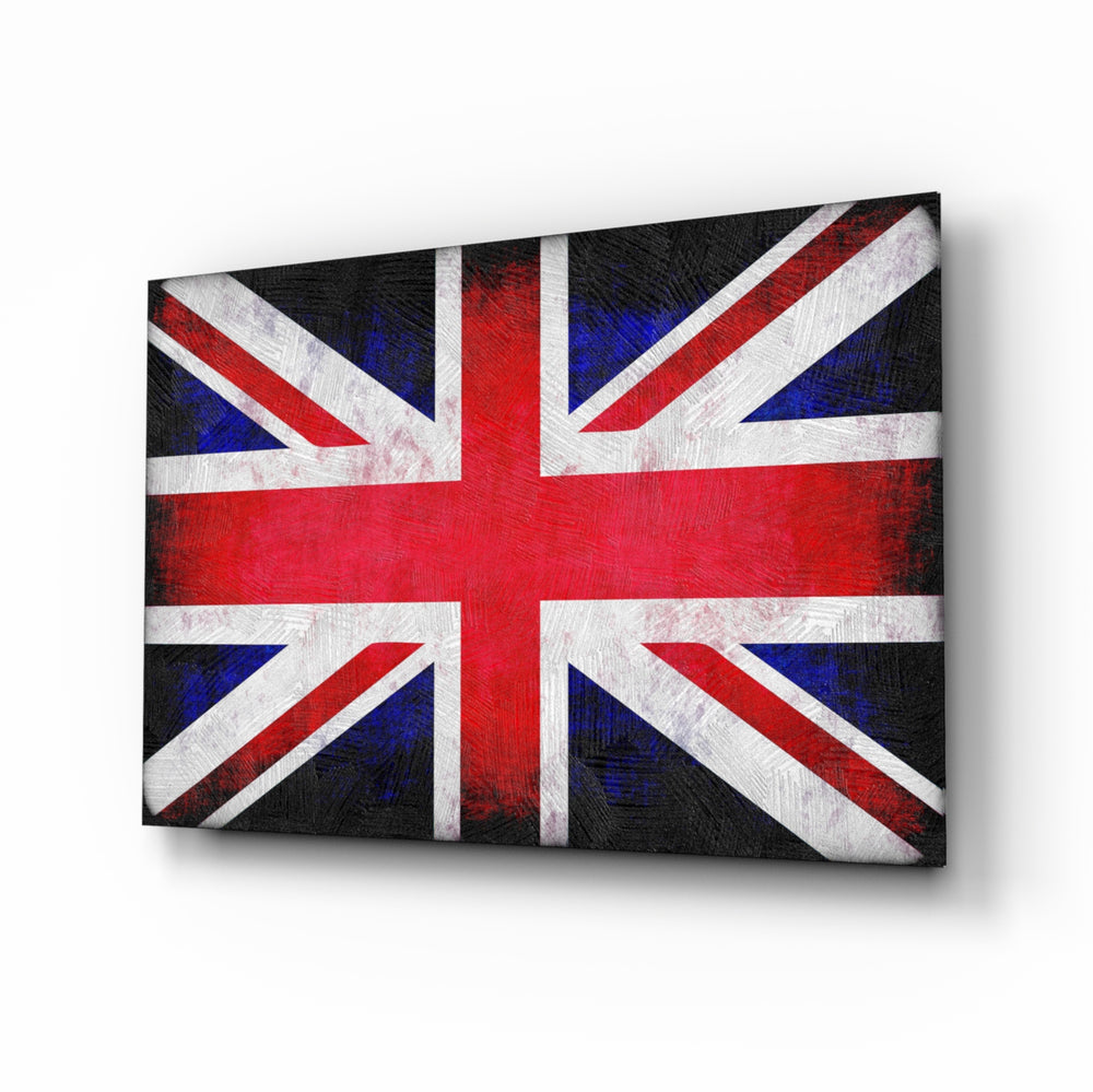 British Flag glass wall art displayed above a console in a designer interior