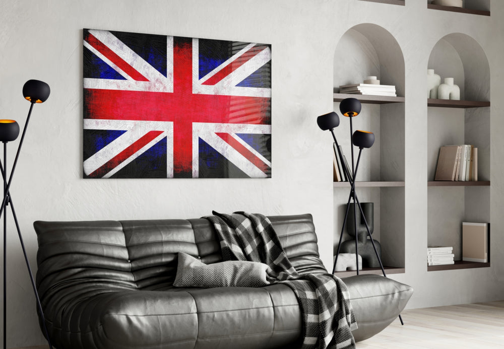 British Flag glass wall art styled above a desk in a British-mood study