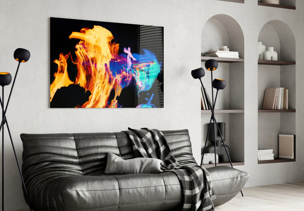 Flames glass wall art styled above a console in a sultry man-cave