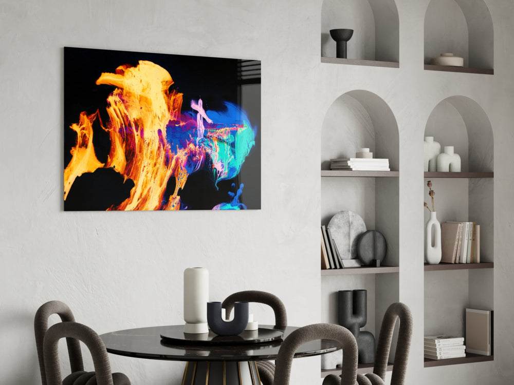 Flames panel adding editorial drama to a lounge