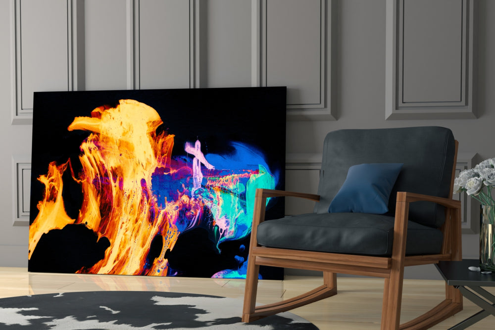 Flames glass print enhancing a media room with theatrical pulse