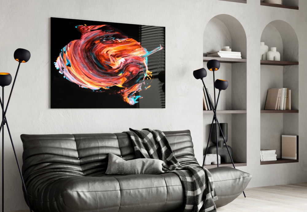Dance of Red glass wall art styled above a console in a sultry man-cave