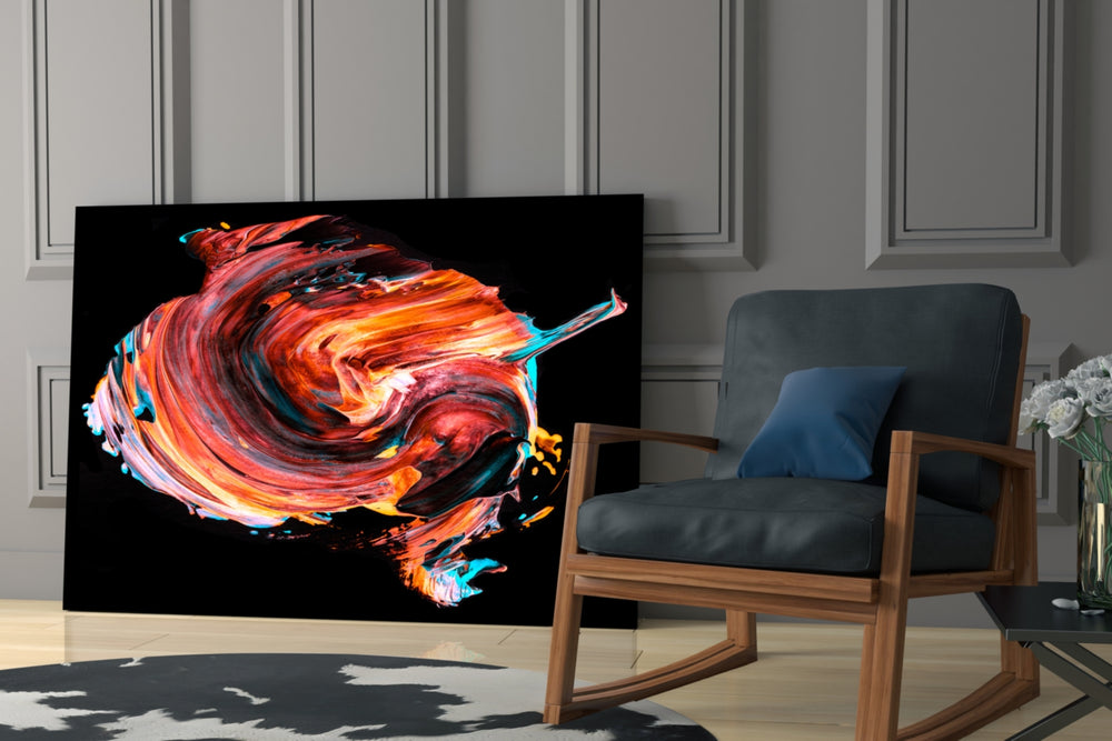 Dance of Red glass print enhancing a media room with theatrical pulse