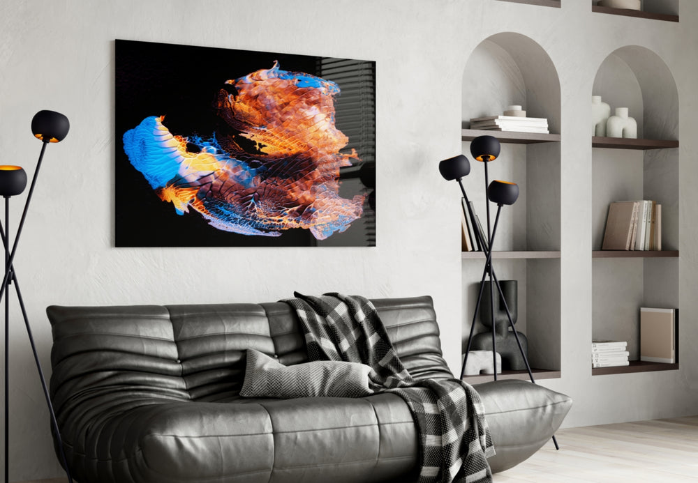 Abstract Stamps glass wall art styled above a desk in an introspective study