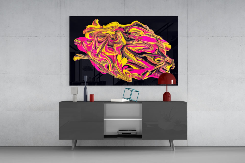 Harmony of Yellow and Pink panel catching gallery light to reveal its molten ribbons