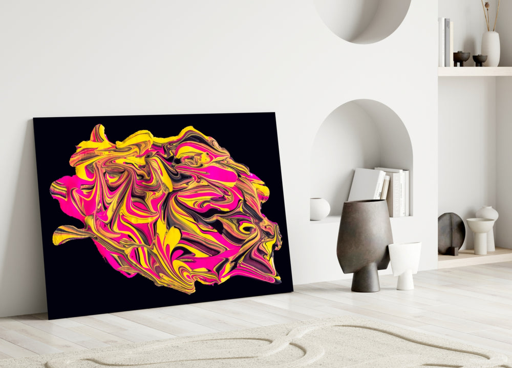 Close-up detail of neon magenta swirling through golden yellow ribbons