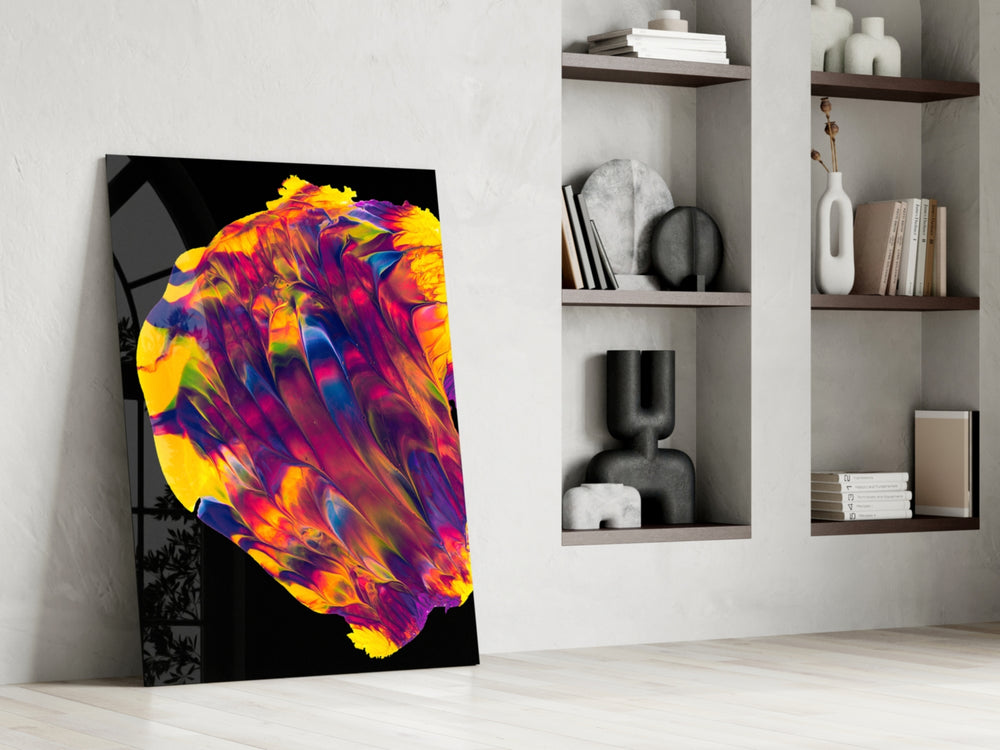 Dance of Colors glass print enhancing a lounge with editorial drama