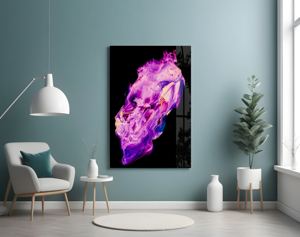 Abstract Purple glass wall art styled above a vanity in a powder room