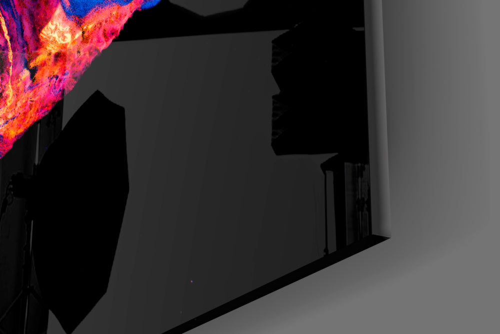Colored Lava artwork anchoring a wall with bold dramatic palette