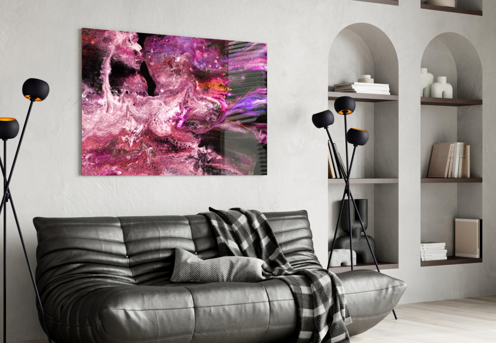 Purple Space glass wall art styled above a desk in a stargazing teen room