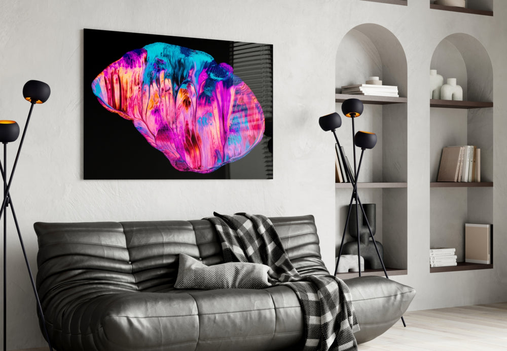 Abstract Pink glass wall art styled above a vanity in a powder room