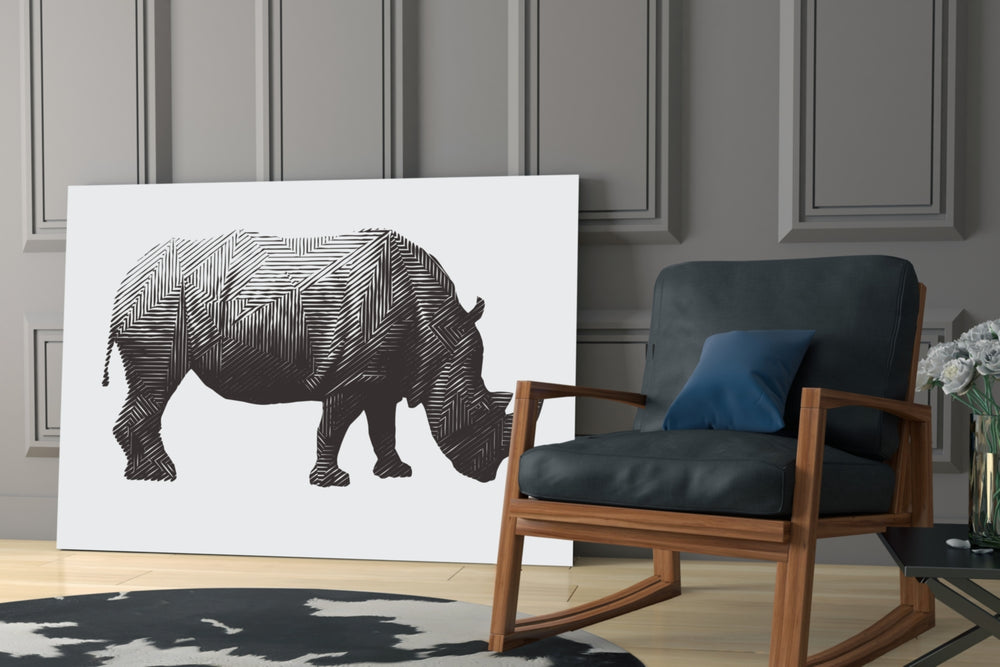Rhino glass print enhancing a hallway with line-art drama