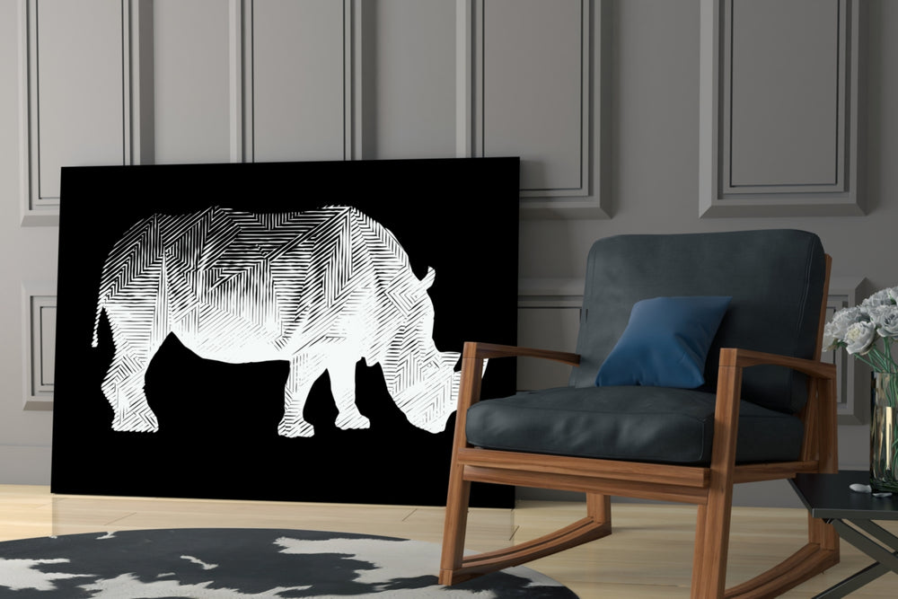 Rhino glass print enhancing a hallway with line-art drama
