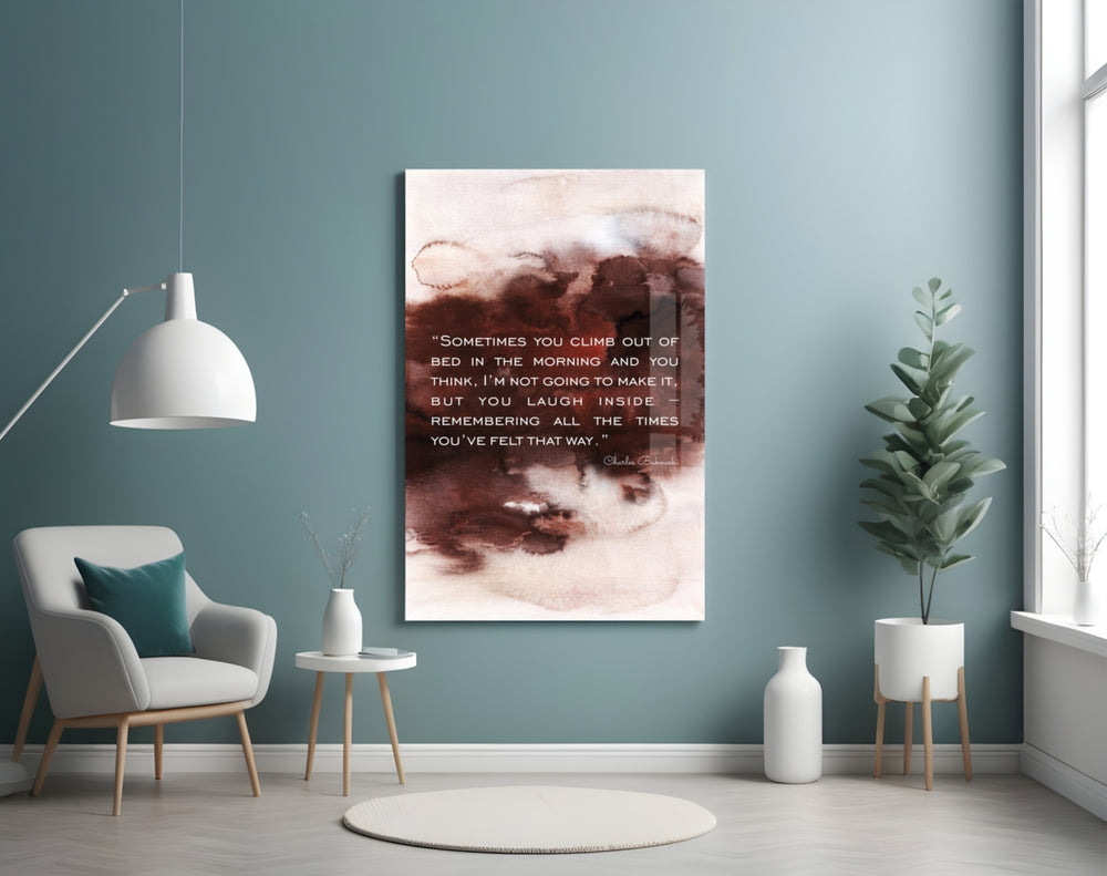 Bukowski Quotes glass wall art styled above a desk in a bookish study