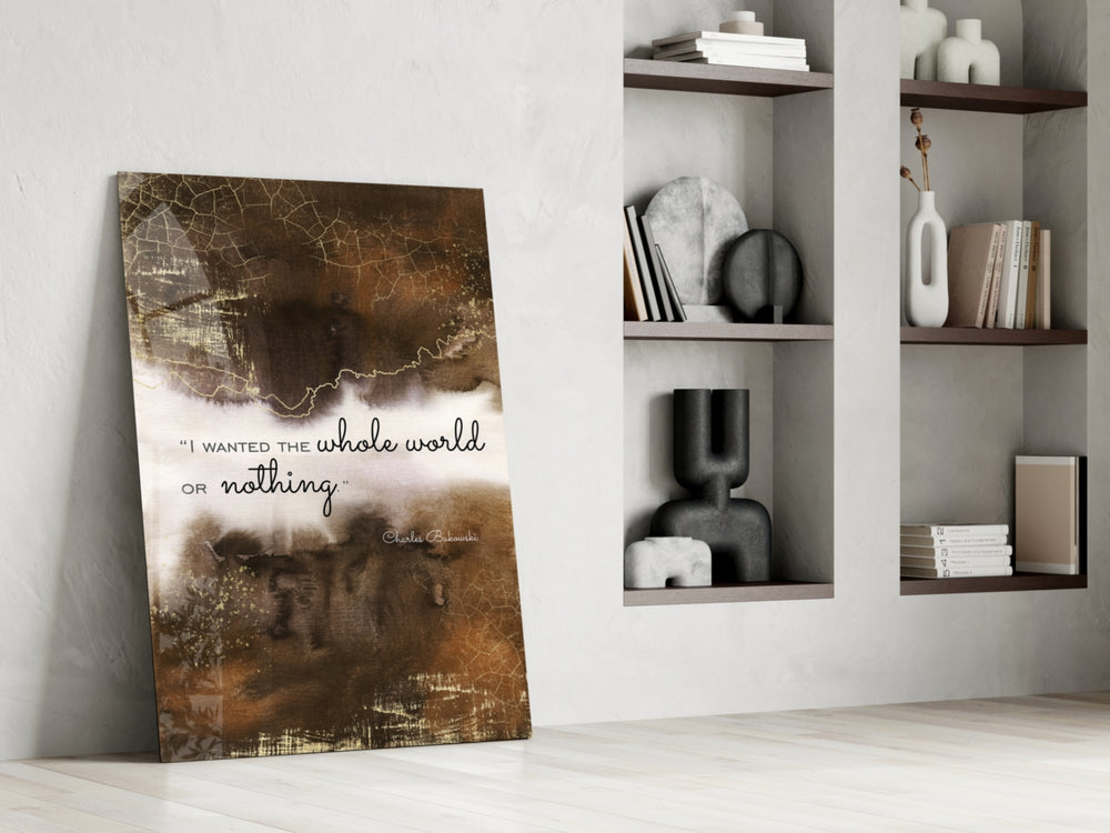 Bukowski Quotes glass print enhancing a library with editorial spirit