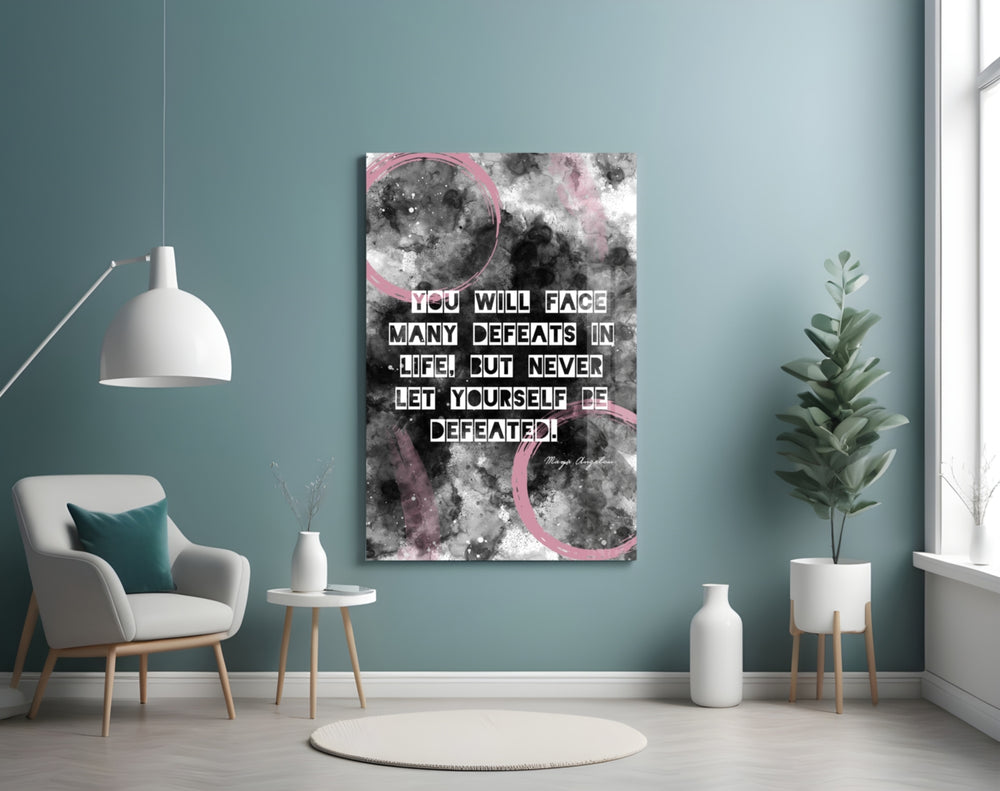 Angelou Words glass wall art styled above a desk in an executive-mood study