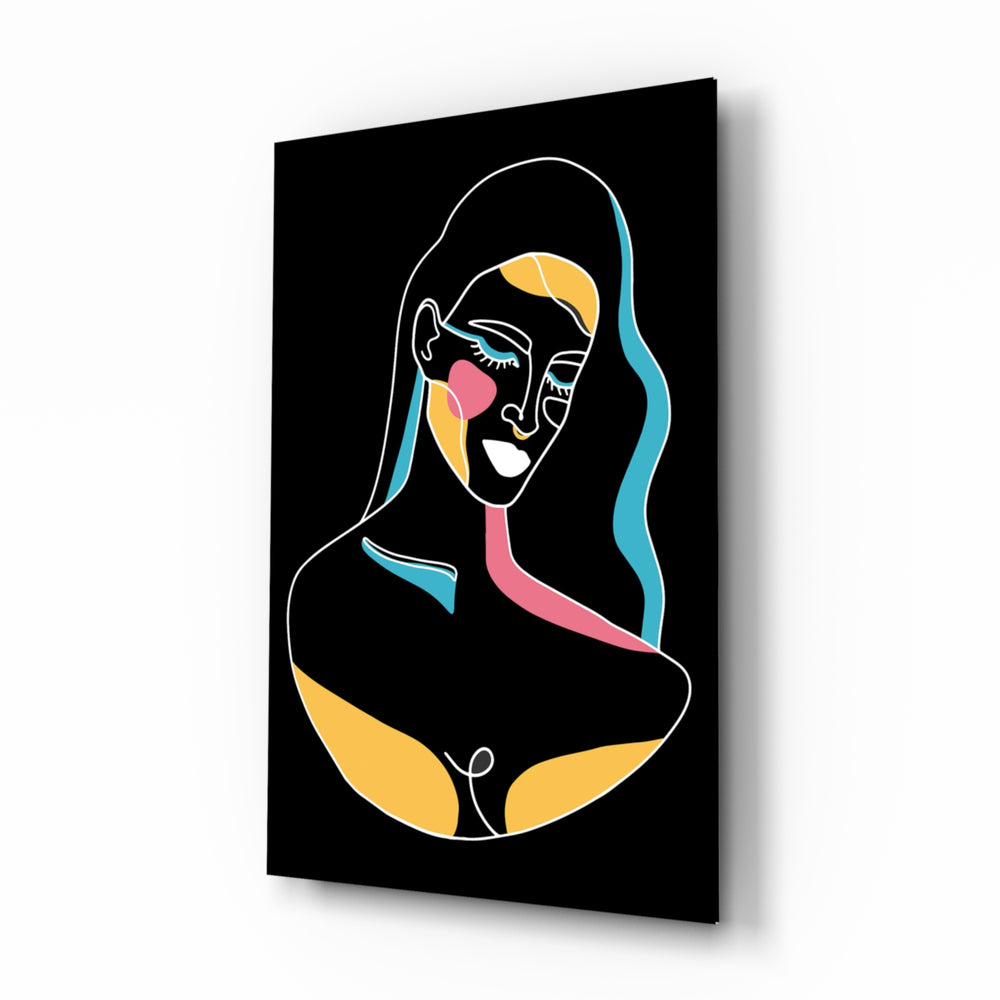 Abstract Colorful Portrait glass wall art displayed above a console in a designer interior