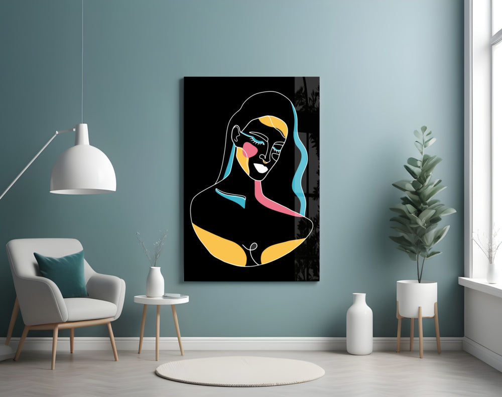 Abstract Colorful Portrait glass wall art styled above a vanity in a powder room