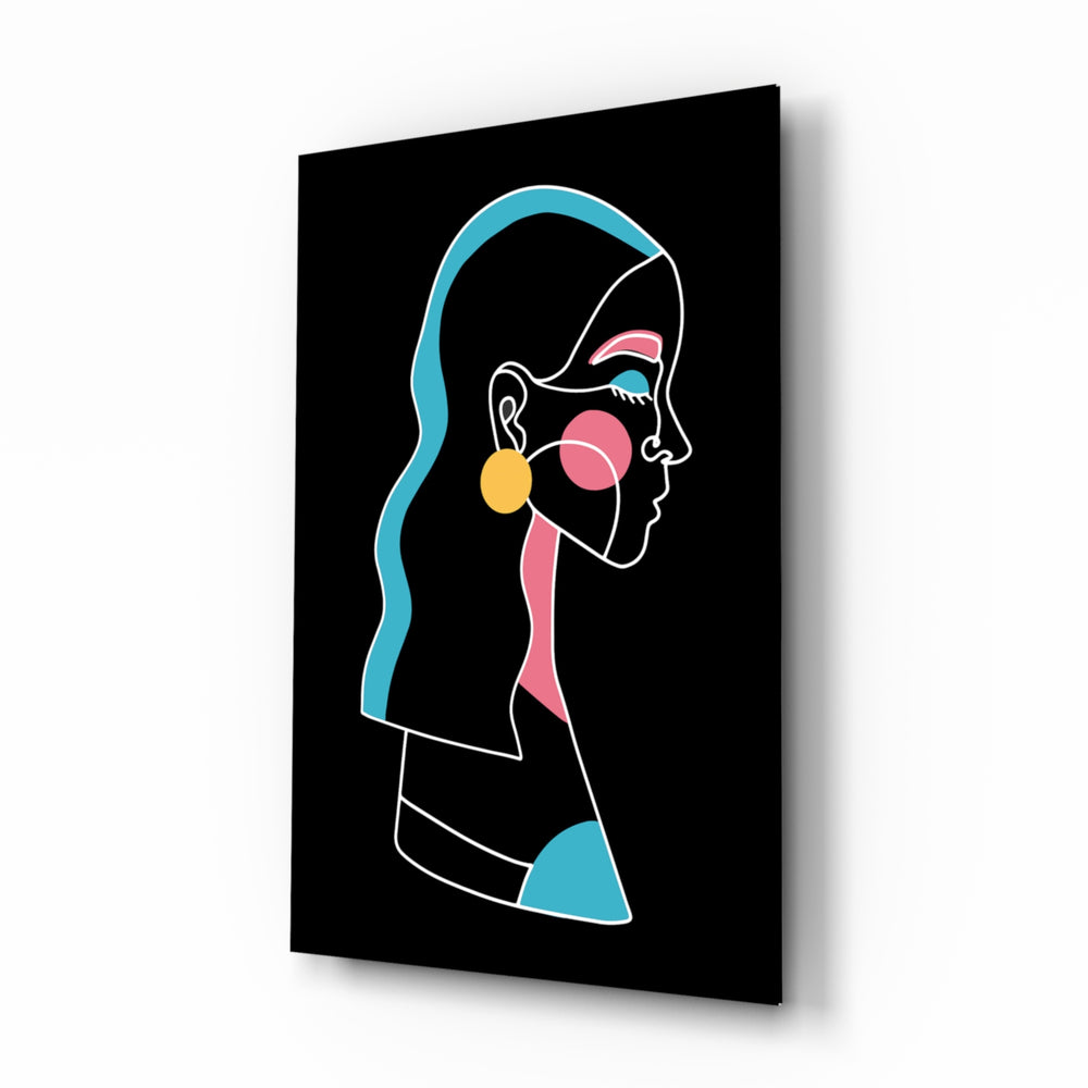 Abstract Colorful Portrait glass wall art displayed above a console in a designer interior