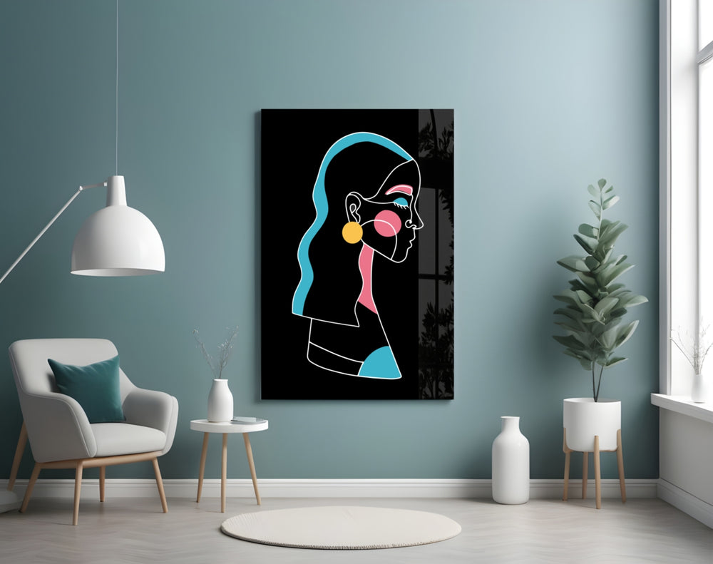 Abstract Colorful Portrait glass wall art styled above a vanity in a powder room