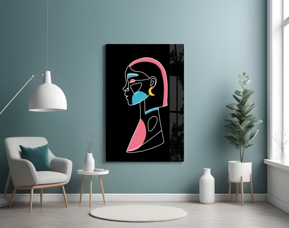 Abstract Colorful Portrait glass wall art styled above a vanity in a powder room