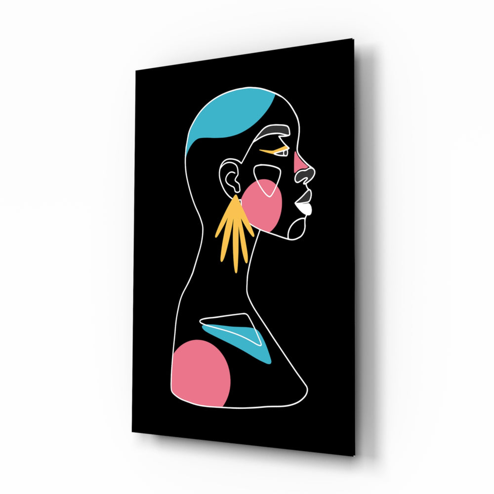 Abstract Colorful Portrait glass wall art displayed above a console in a designer interior