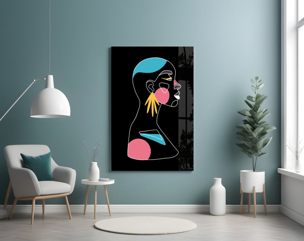 Abstract Colorful Portrait glass wall art styled above a vanity in a powder room