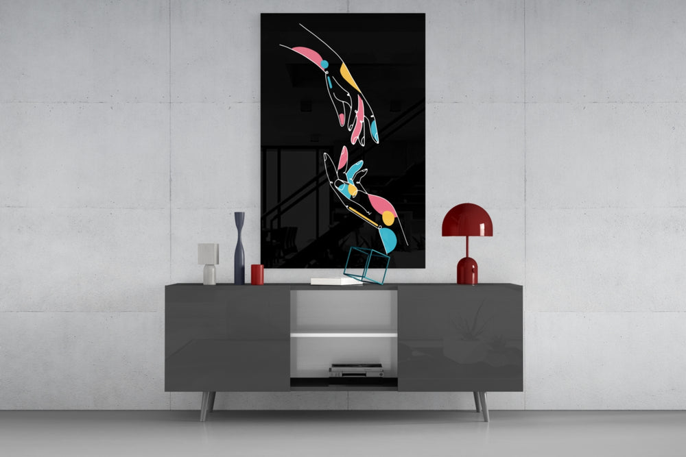 Abstract Colorful Hands panel catching gallery light to reveal its tender contour
