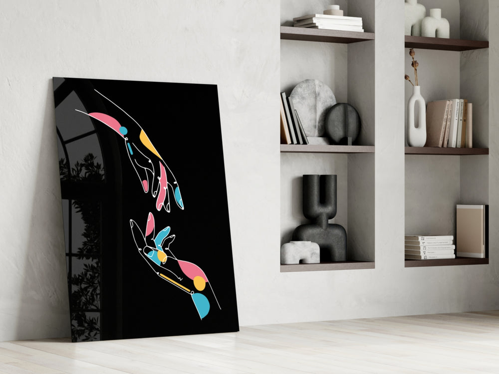 Abstract Colorful Hands glass print enhancing a bedroom with quiet intimacy