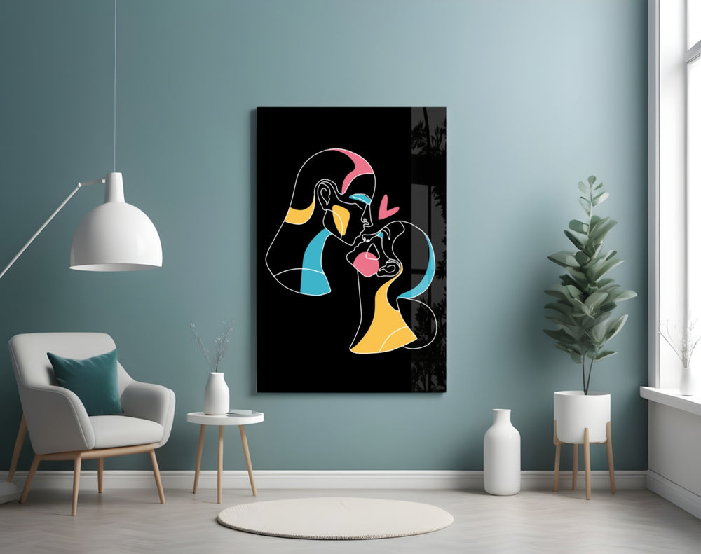 Abstract Colorful Portrait glass wall art styled above a vanity in a powder room