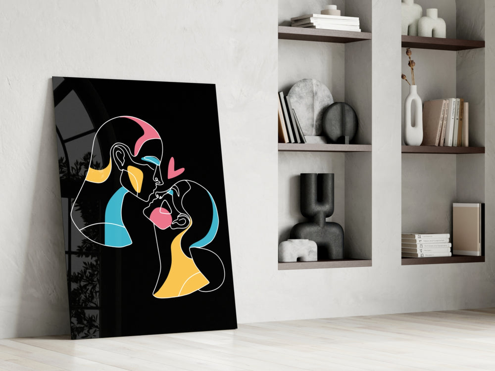 Abstract Colorful Portrait glass print enhancing a bedroom with quiet intimacy