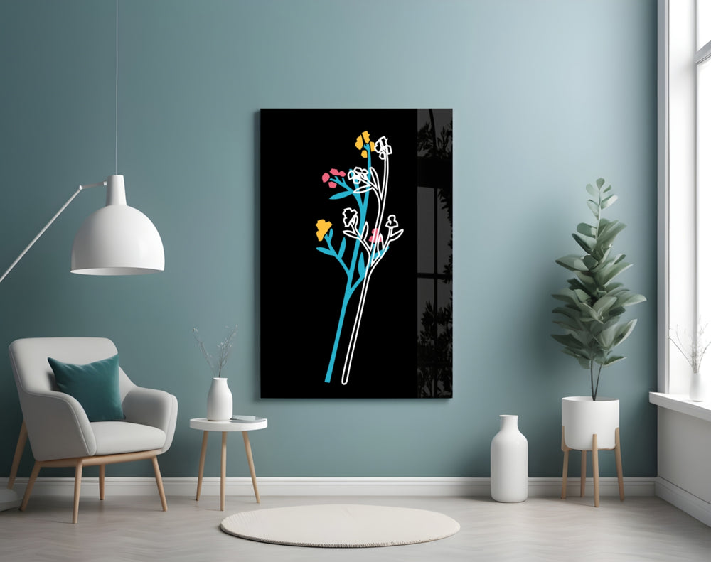 Abstract Colorful Flowers glass wall art styled above a vanity in a powder room