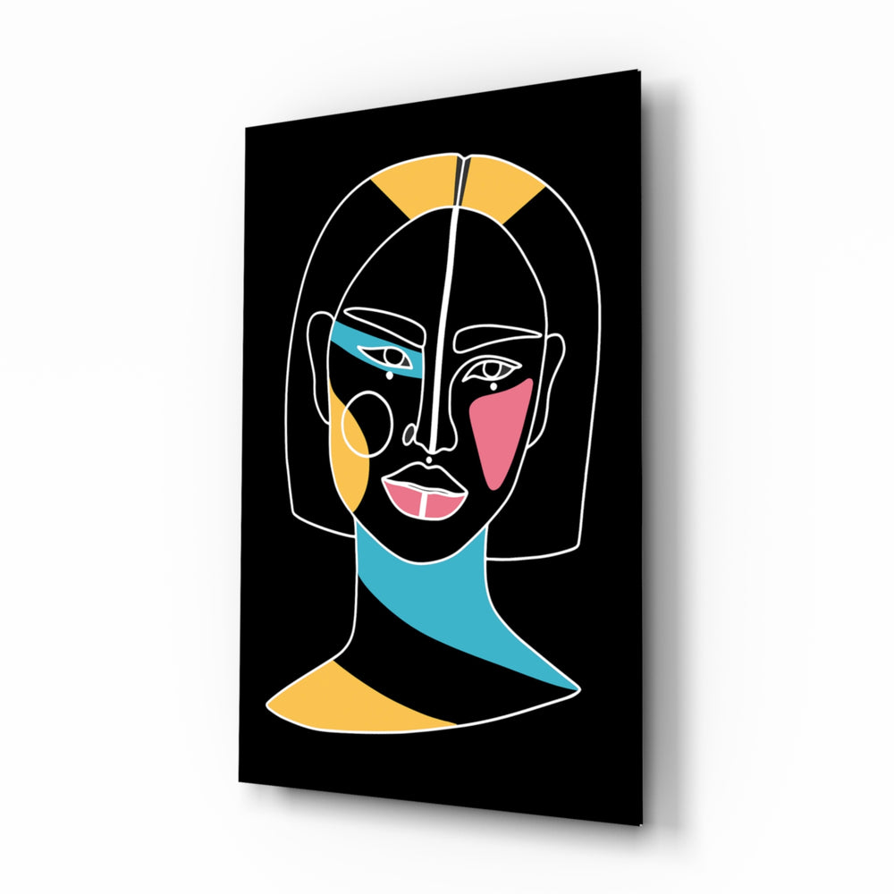 Abstract Colorful Portrait glass wall art displayed above a console in a designer interior