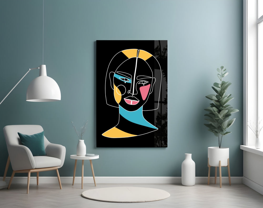 Abstract Colorful Portrait glass wall art styled above a vanity in a powder room