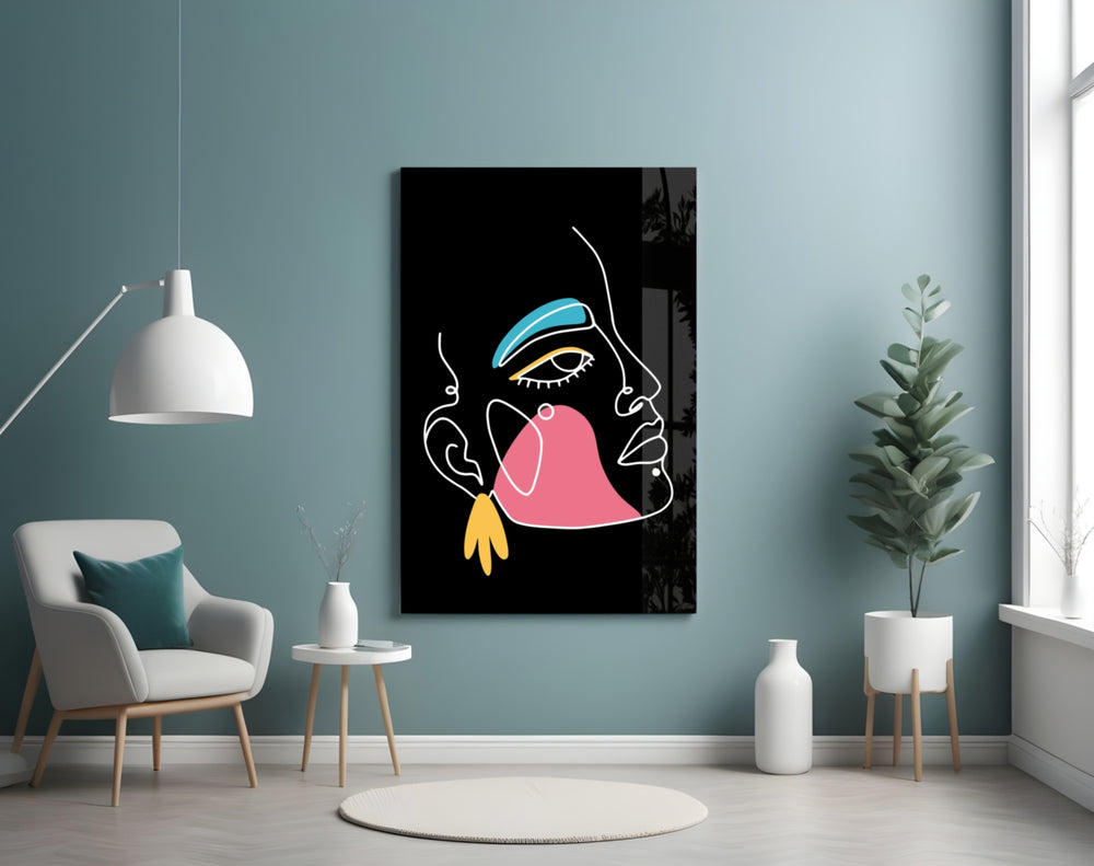 Abstract Colorful Portrait glass wall art styled above a vanity in a powder room