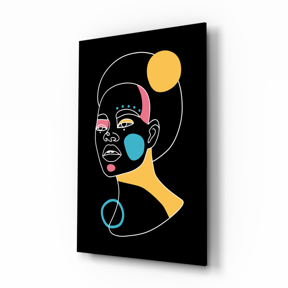 Abstract Colorful Portrait glass wall art displayed above a console in a designer interior