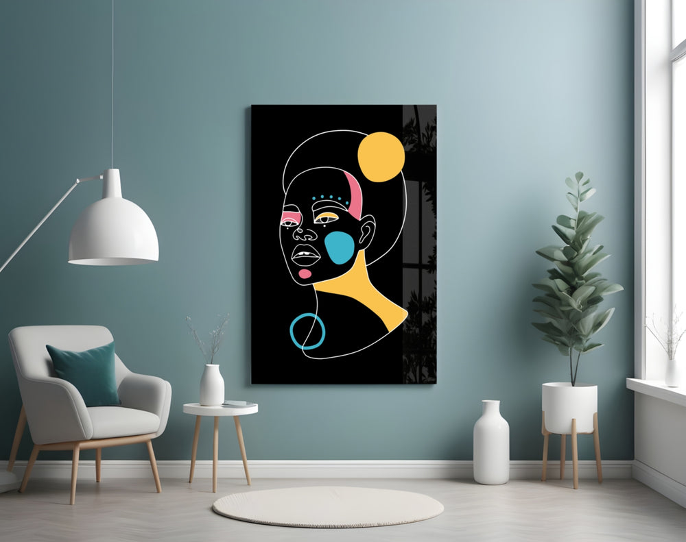 Abstract Colorful Portrait glass wall art styled above a vanity in a powder room