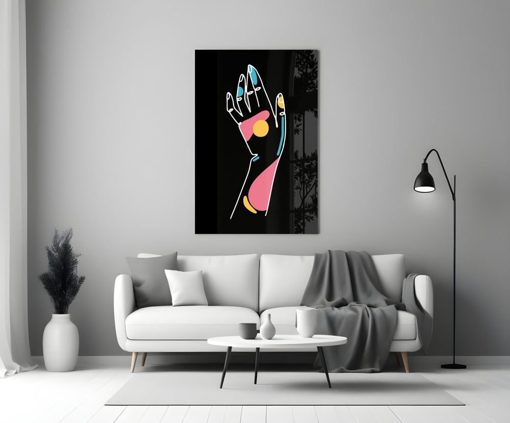Close-up detail of single-line open hand with turquoise and pink accents