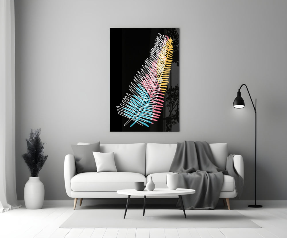 Close-up detail of scribble-line fern with turquoise, pink, and yellow shapes
